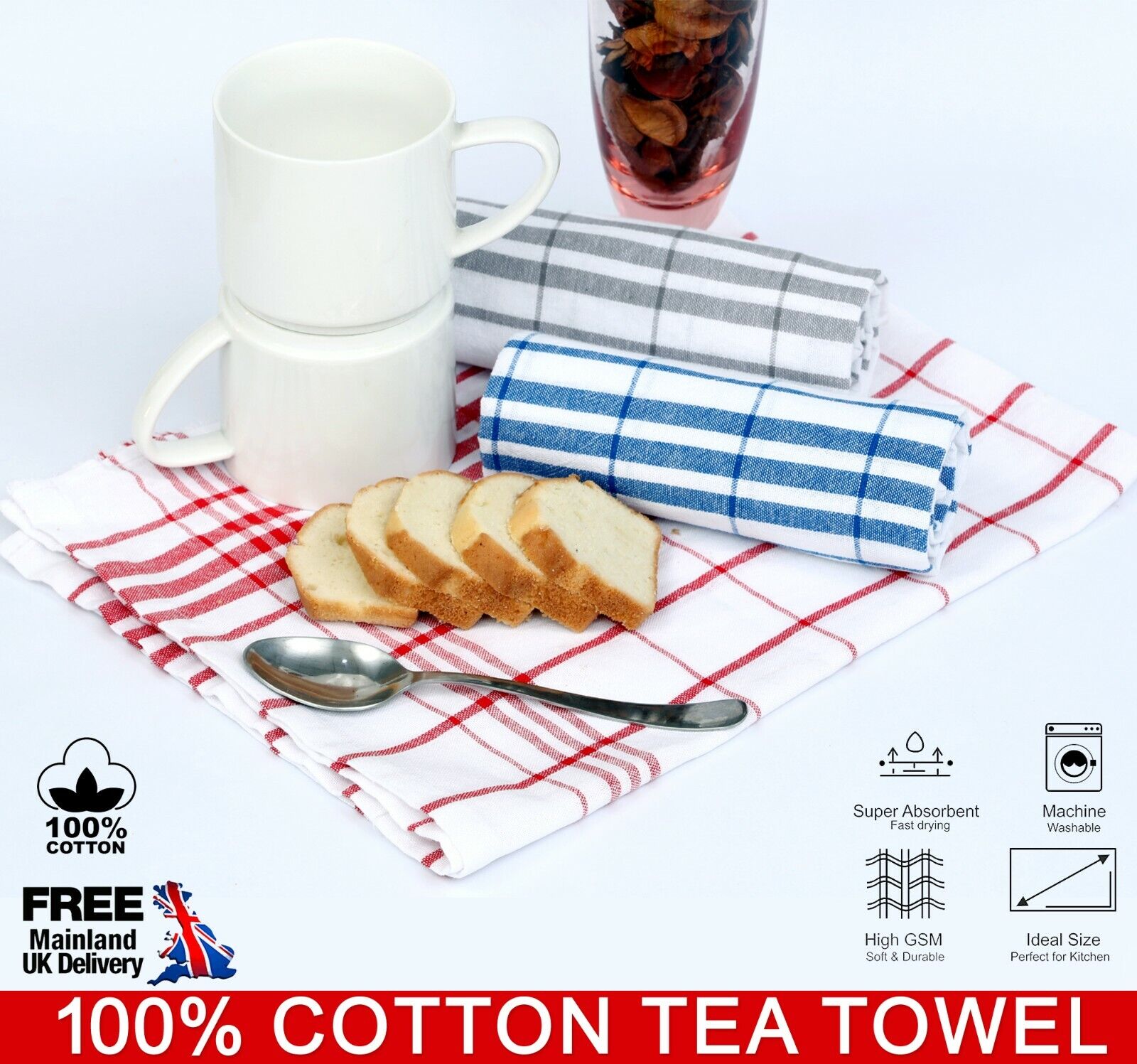 Tea Towels 100% Cotton Kitchen Drying Cleaning Towel Large Dish Glass Bar Cloth